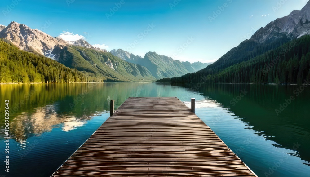 Serene lake view with a wooden dock surrounded by mountains and clear blue sky. Serene lake view with a wooden dock surrounded by mountains and clear blue sky.