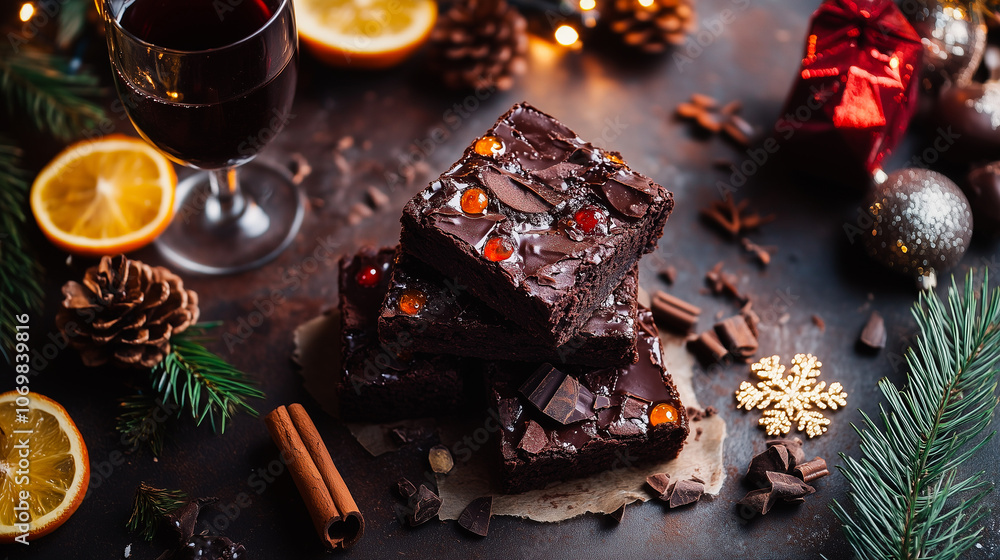 Cut tracks of homemade dark chocolate brownies. Christmas holiday Cut tracks of homemade dark chocolate brownies. Christmas holiday