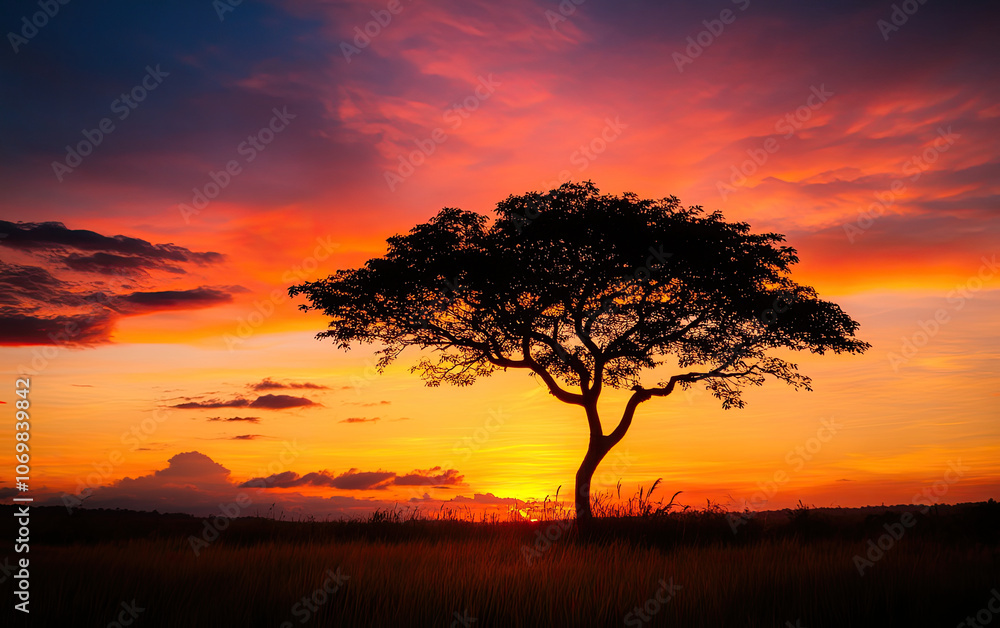 Silhouette of a tree against a vibrant sunset sky. Silhouette of a tree against a vibrant sunset sky.