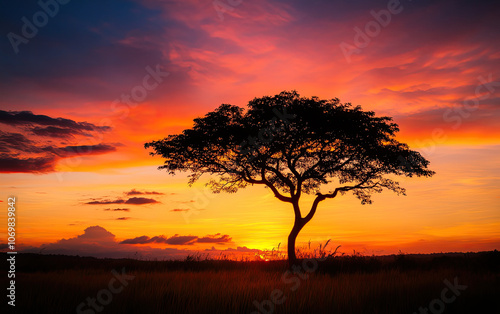 Silhouette of a tree against a vibrant sunset sky.