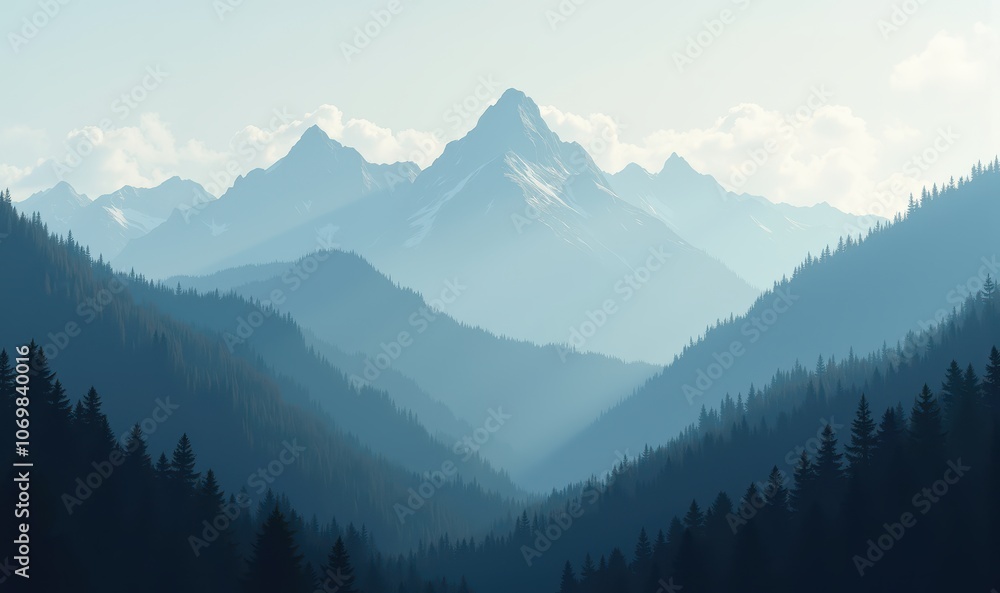 Serene mountain landscape with layered peaks and lush forests, perfect for nature-themed projects, adventure promotions, or tranquil backgrounds. Serene mountain landscape with layered peaks and lush forests, perfect for nature-themed projects, adventure promotions, or tranquil backgrounds.