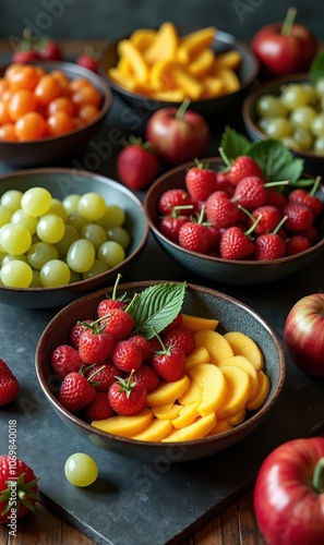 Colorful assortment of fresh fruits in bowls, perfect for showcasing healthy eating, culinary delights, or vibrant food presentations.