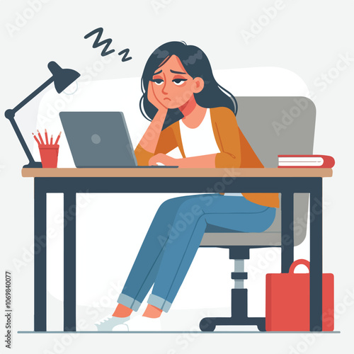 Bored woman sitting at desk. Tired sad office worker. Procrastination, burnout and boredom concept. Depressed upset exhausted lazy student. Flat vector illustration isolated on white background