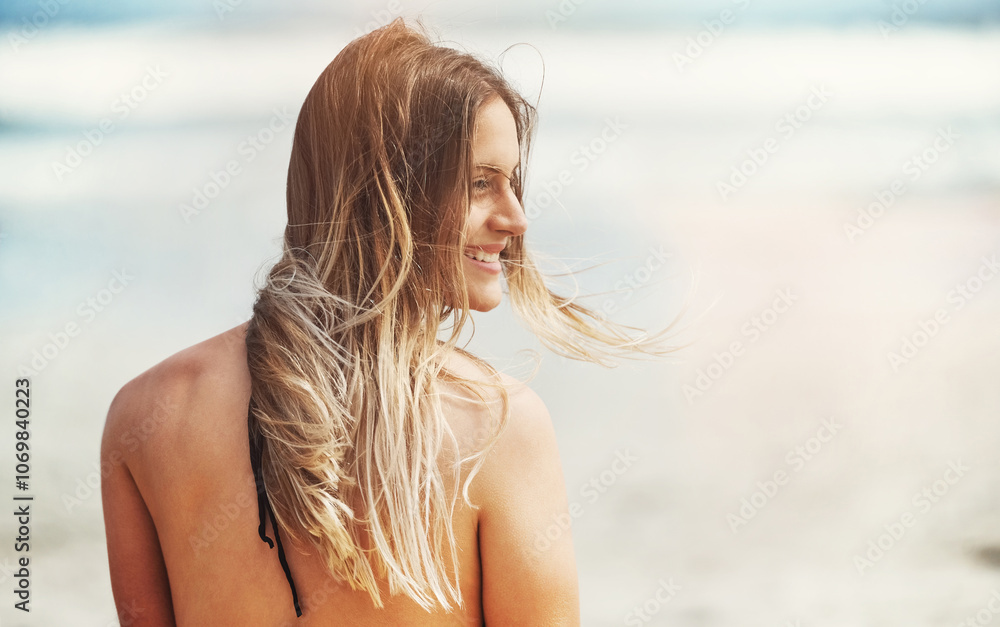 Beach, woman and smile with wind, hair and happy from tropical holiday outdoor with mockup. Thinking, back and vacation fun with sea, ocean and bikini for swimming adventure on weekend break in sun Beach, woman and smile with wind, hair and happy from tropical holiday outdoor with mockup. Thinking, back and vacation fun with sea, ocean and bikini for swimming adventure on weekend break in sun