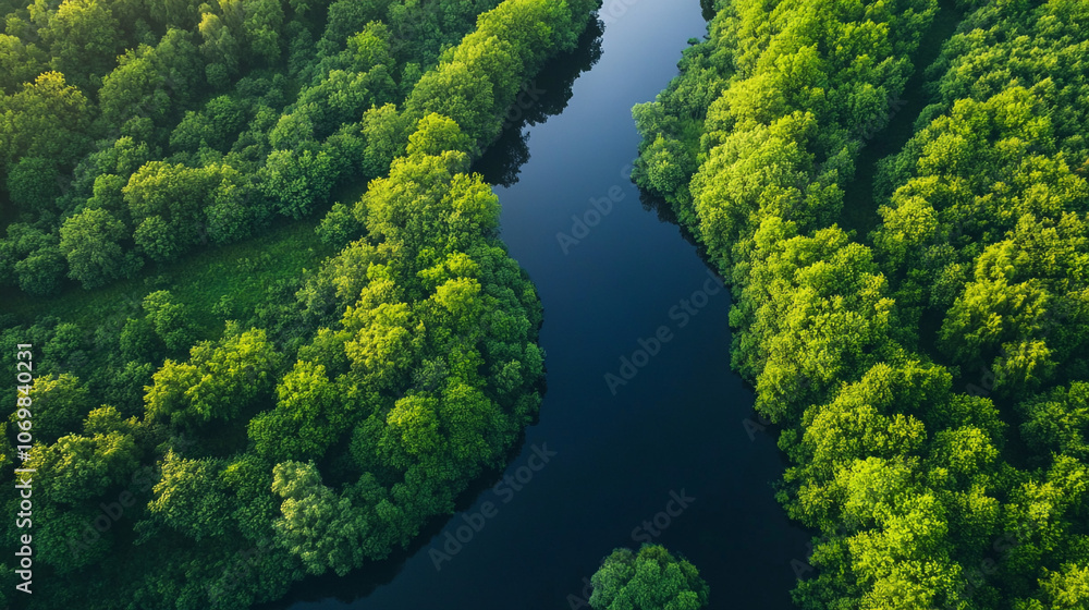 River and green forest in Tuchola natural park aerial view. A mesmerizing aerial view of a river cutting through a vibrant green forest canopy, offering a perspective on nature's majesty River and green forest in Tuchola natural park aerial view. A mesmerizing aerial view of a river cutting through a vibrant green forest canopy, offering a perspective on nature's majesty