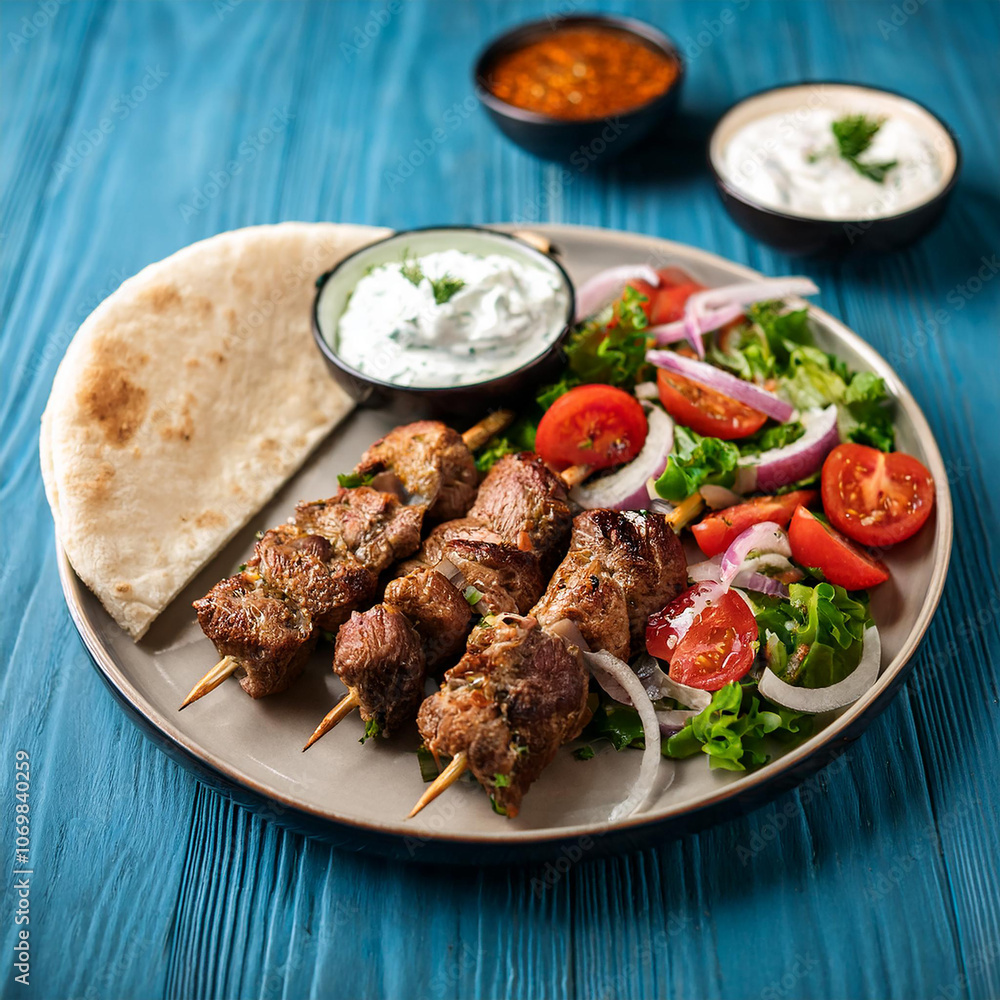 Greek Lamb Souvlaki Plate with Pita, Tzatziki, and Fresh Greek Salad for Culinary Inspiration Greek Lamb Souvlaki Plate with Pita, Tzatziki, and Fresh Greek Salad for Culinary Inspiration