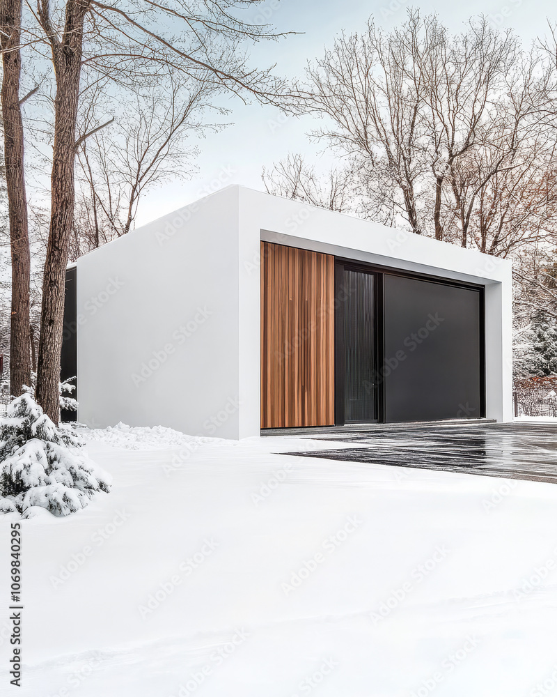 Modern white architecture nestled in snowy landscape during winter months in a tranquil setting Modern white architecture nestled in snowy landscape during winter months in a tranquil setting