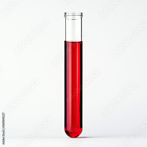 Test tube with red liquid isolated on white background. photo