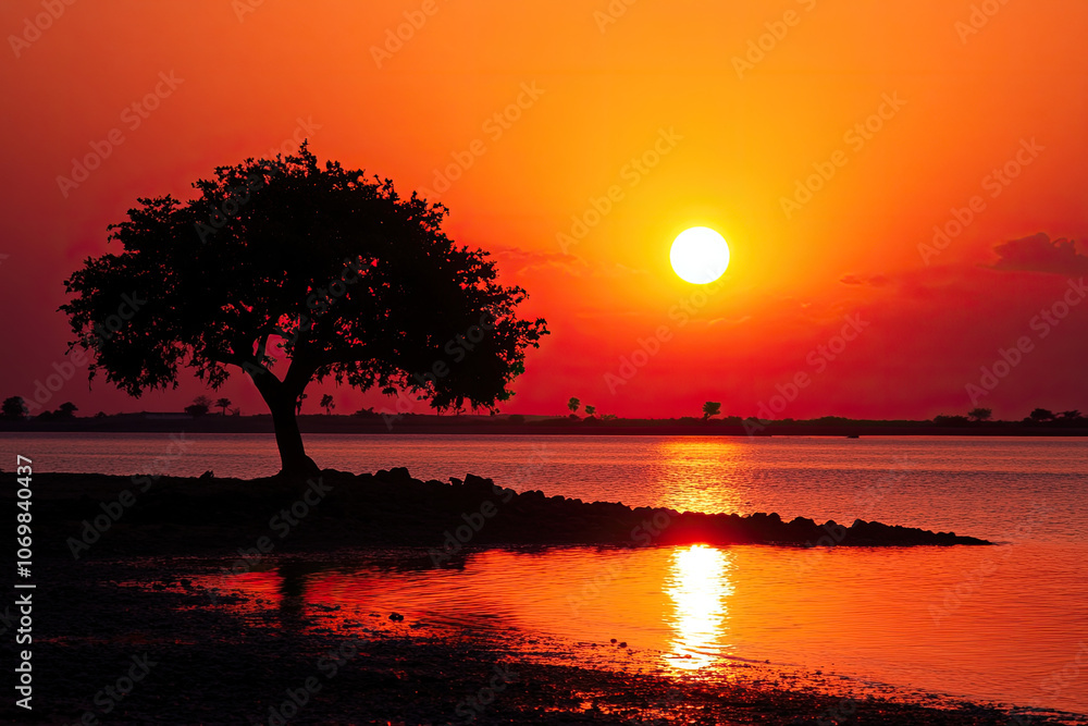 Tree silhouette against a vibrant sunset by the water, beautiful nature scene. Tree silhouette against a vibrant sunset by the water, beautiful nature scene.