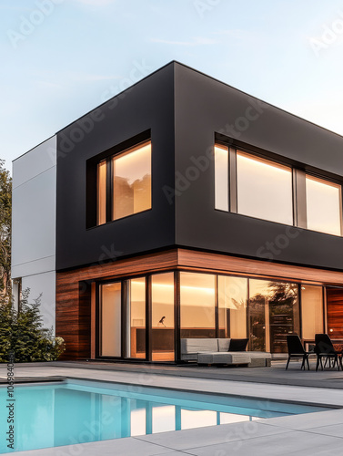 Modern black and white house with large windows near a swimming pool at sunset