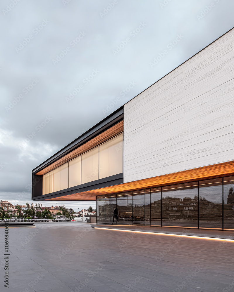 Obraz premium Modern architectural design of a sleek building with large windows during an overcast day