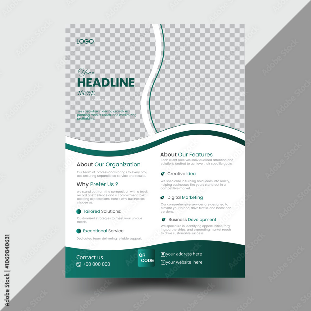 Vector corporate flyer design multipurpose minimal and simple shape template with light green and dark green color combinations. Vector corporate flyer design multipurpose minimal and simple shape template with light green and dark green color combinations.