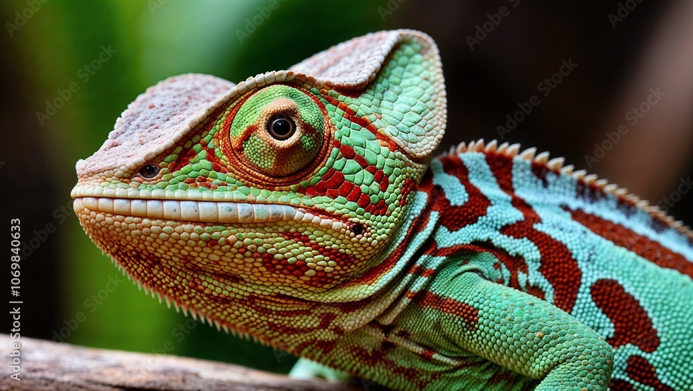Obraz premium Chameleon close up eye portrait. Reptile animal nature photo exotic pet macro photo. Colorful scales Madagascar wildlife zoo photography.