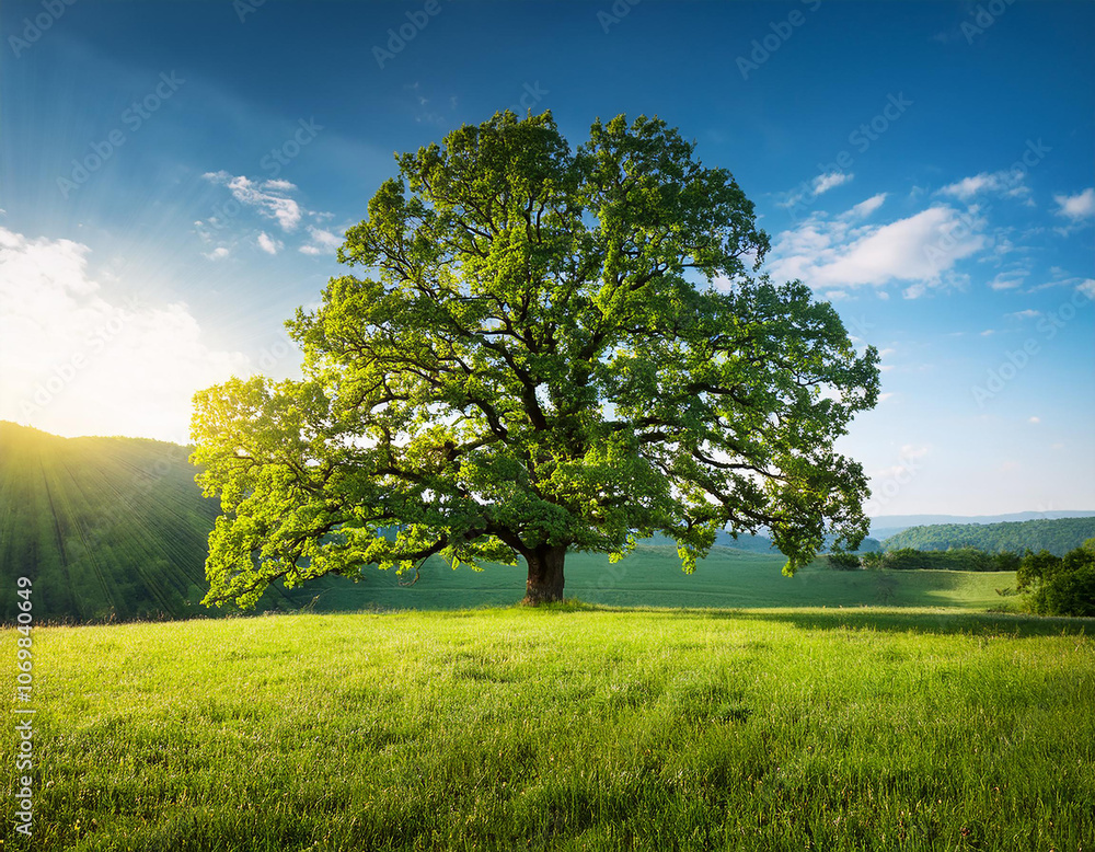 Obraz premium Green oak tree in the morning. Amazing summer landscape.