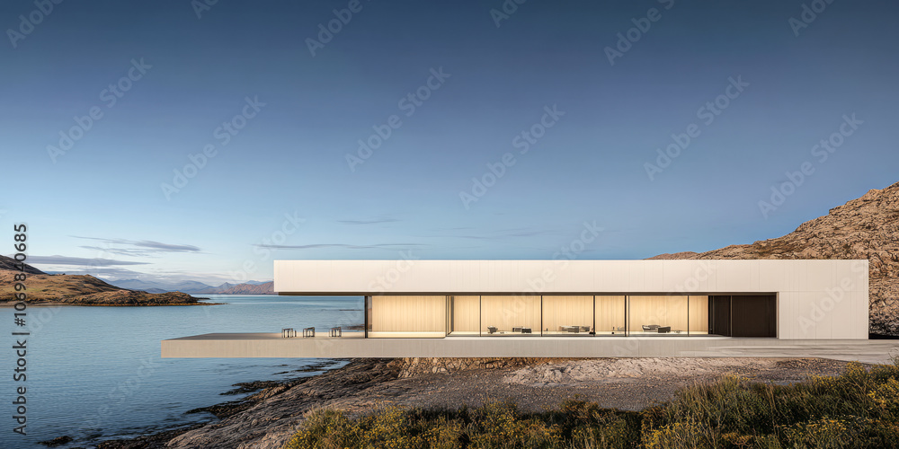 Fototapeta premium Modern minimalist house by the water during sunset near rocky landscape