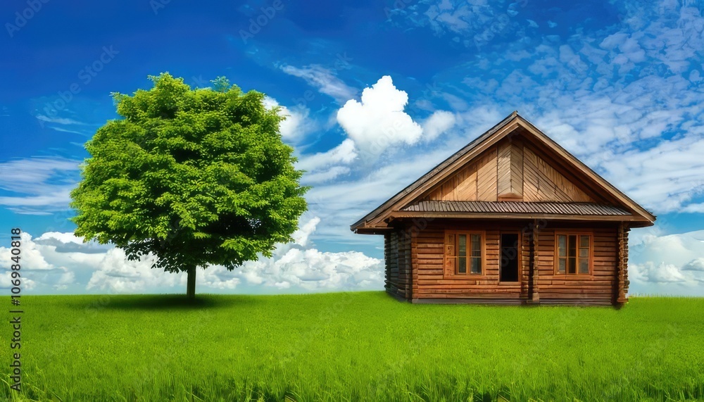 Wooden house surrounded by lush green landscape under a blue sky. Wooden house surrounded by lush green landscape under a blue sky.