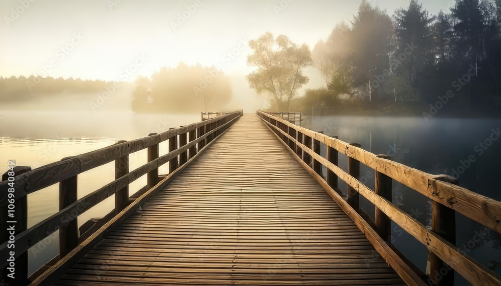 Fototapeta premium Wooden pier leading into misty lake at dawn, tranquil natural scenery.