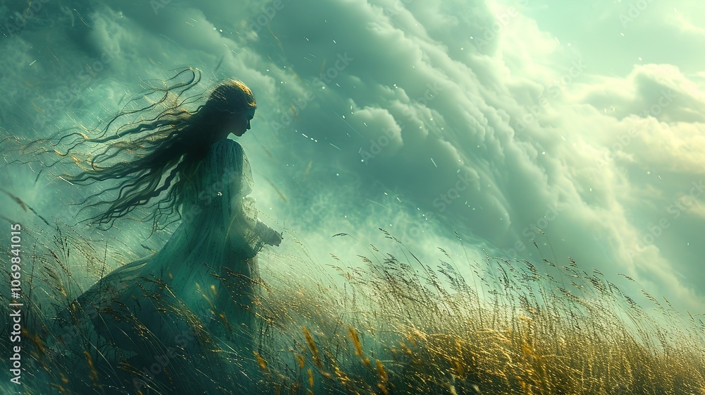 Obraz premium Ethereal Beauty: Woman in a Field of Windswept Grass