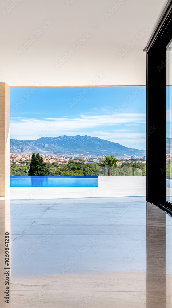 Fototapeta premium Modern interior with large windows showcasing distant mountains and a serene swimming pool view