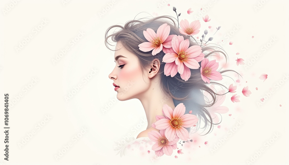 Watercolor painting, profile of a woman with flowing hair surrounded by blooming flowers, soft pastel tones, gentle and minimalistic design, light background Watercolor painting, profile of a woman with flowing hair surrounded by blooming flowers, soft pastel tones, gentle and minimalistic design, light background
