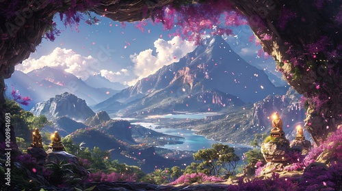 Epic portrayal of treasurefilled mountain where dynamic vibrant colored prehistoric treasures like golden idols radiant gemstones mystical scrolls are discovered in a breathtaking posterstyle photo