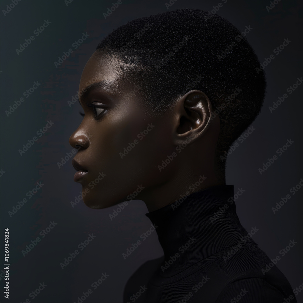 A photo of an African American model with short hair on a black background A photo of an African American model with short hair on a black background
