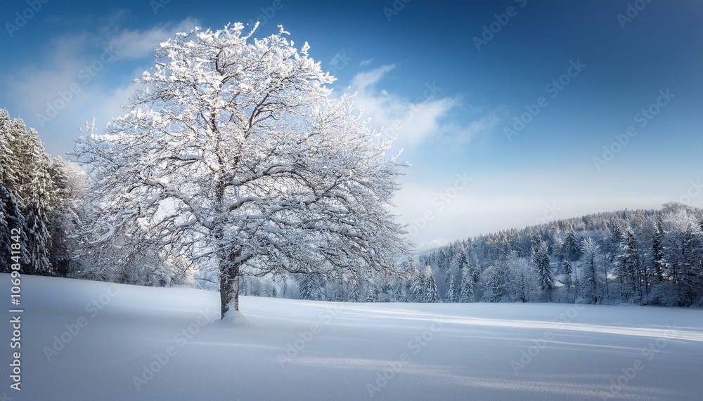 Fototapeta premium Snow-covered tree in a serene outdoor winter landscape, capturing the calm beauty of nature in the cold season