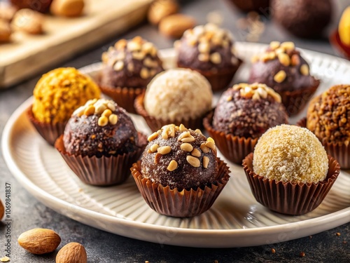 Close-Up of Delicious Candy Truffles Brigadeiro with Cashew Nuts on a Plate, Perfect for Dessert Lovers and Sweet Treat Enthusiasts, Ideal for Culinary and Food Photography