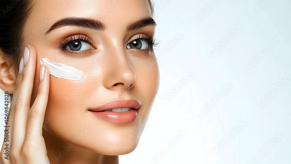 Beautiful young woman with clear glowing skin applying moisturizer, sunscreen, cream on her face in white background with copy space Beautiful young woman with clear glowing skin applying moisturizer, sunscreen, cream on her face in white background with copy space