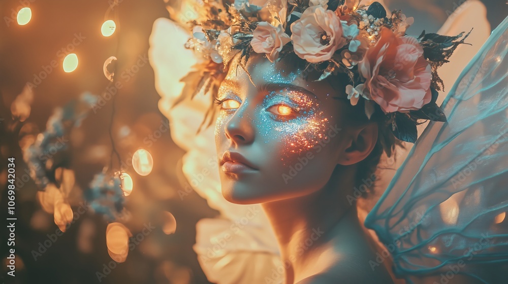 Ethereal Fairy with Glowing Eyes and Floral Crown, Magical Forest Spirit with Sparkling Face Paint and Wings, Enchanting Fantasy Portrait for Fairy Tale and Mythology Themes Ethereal Fairy with Glowing Eyes and Floral Crown, Magical Forest Spirit with Sparkling Face Paint and Wings, Enchanting Fantasy Portrait for Fairy Tale and Mythology Themes