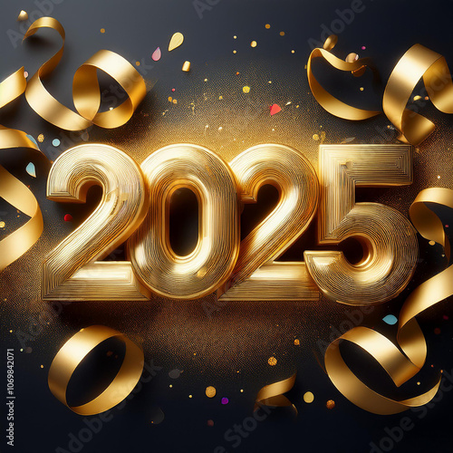 The year 2025 in golden letters on a blue background with confetti and bokeh lights. Concept for a happy new year 2025. Top view.