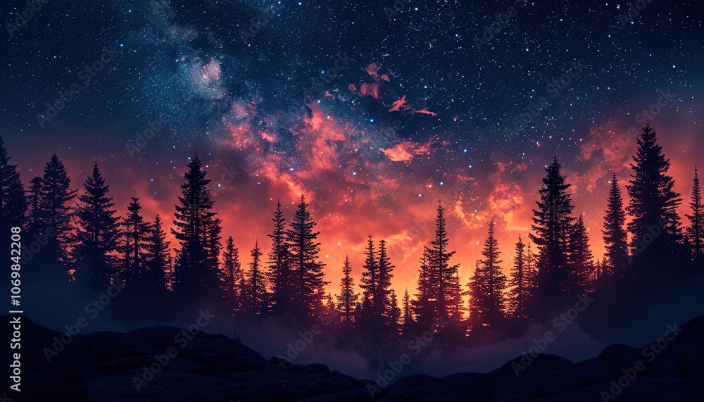 Fantasy night landscape with starry sky and silhouettes of trees background Fantasy night landscape with starry sky and silhouettes of trees background