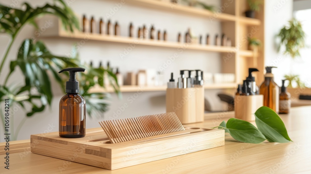 A zero-waste salon setup with wooden combs, metal spray bottles, and minimal plastic, client receiving eco-friendly treatment A zero-waste salon setup with wooden combs, metal spray bottles, and minimal plastic, client receiving eco-friendly treatment
