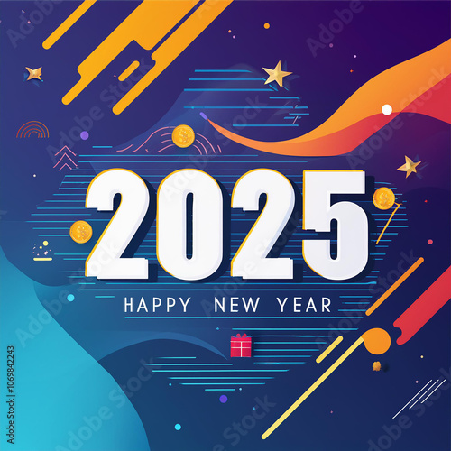 The year 2025 in golden letters on a blue background with confetti and bokeh lights. Concept for a happy new year 2025. Top view.