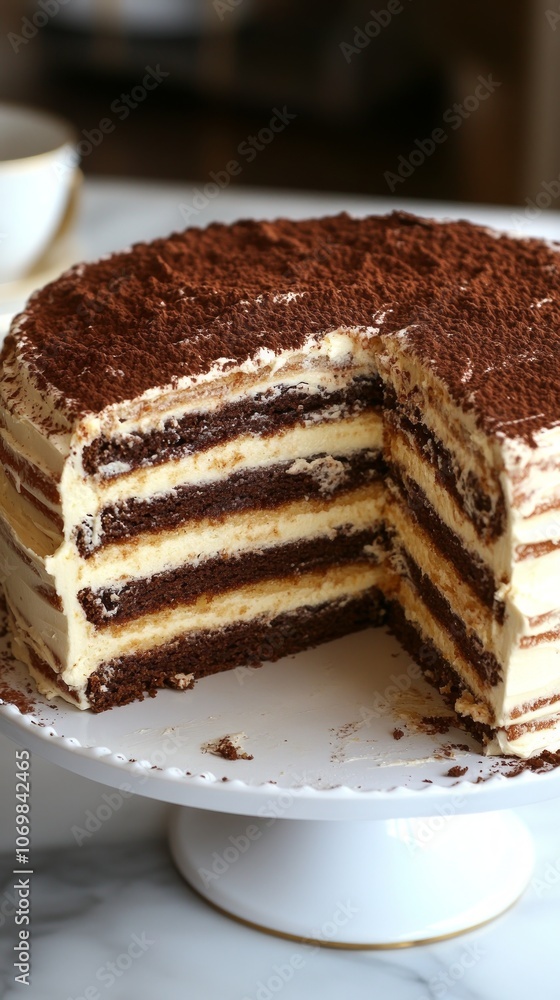 A scrumptious bento cake with alternating layers of chocolate and creamy filling, beautifully presented on a white pedestal in a charming cafe ambiance A scrumptious bento cake with alternating layers of chocolate and creamy filling, beautifully presented on a white pedestal in a charming cafe ambiance