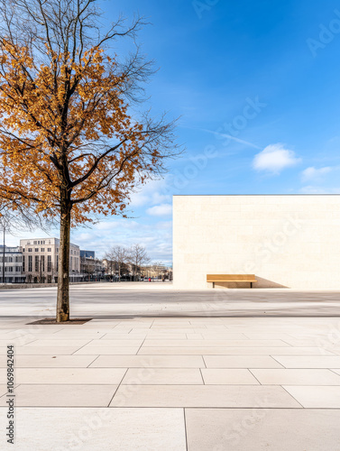 A serene autumn scene with a lone tree beside a minimalist building on a clear day