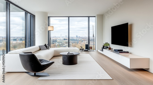 Modern living room with a stunning city view and stylish furniture on a cloudy day