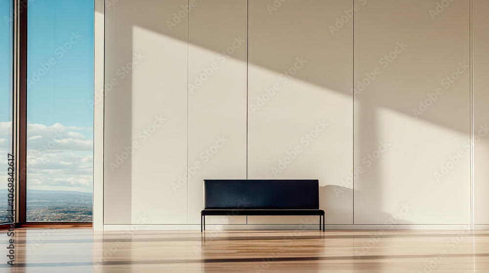 Modern interior with a sleek bench against a wall and a panoramic view of the skyline Modern interior with a sleek bench against a wall and a panoramic view of the skyline