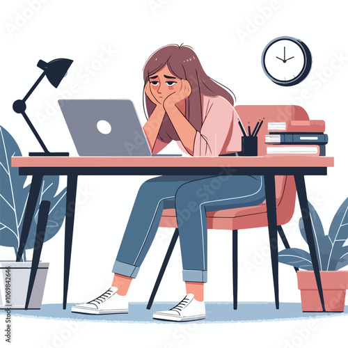 Bored woman sitting at desk. Tired sad office worker. Procrastination, burnout and boredom concept. Depressed upset exhausted lazy student. Flat vector illustration isolated on white background
