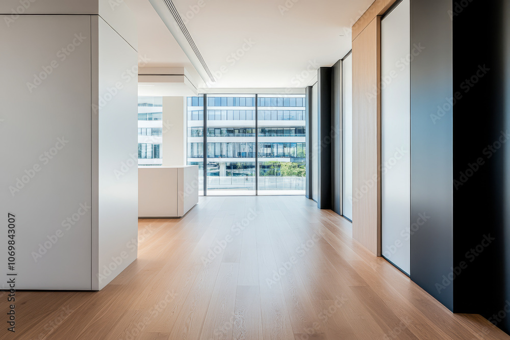Obraz premium Modern open space interior showcasing natural light and sleek design in a contemporary building