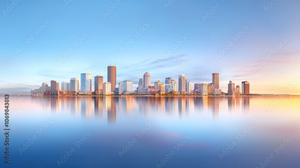Boston skyline at sunrise, warm light reflecting off iconic buildings and river in front, blue sky above. Boston skyline at sunrise, warm light reflecting off iconic buildings and river in front, blue sky above.