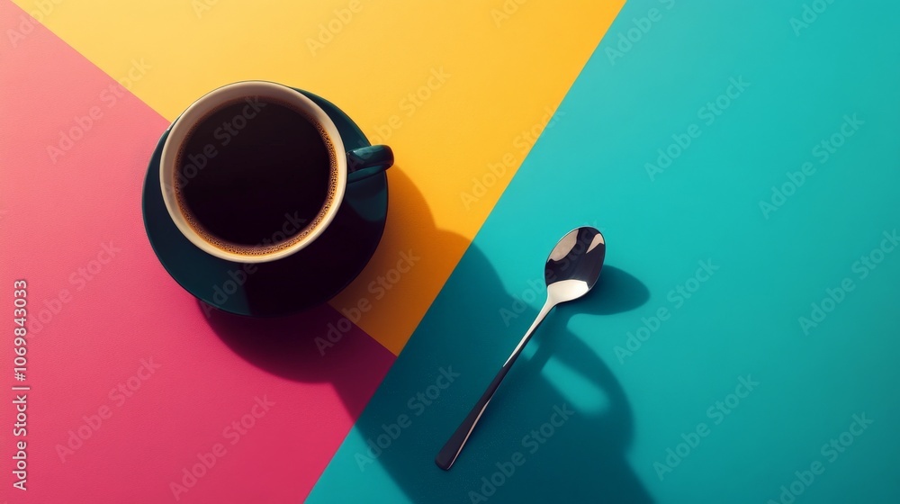 Coffee with a spoon placed beside, isolated on a bright background for simplicity Coffee with a spoon placed beside, isolated on a bright background for simplicity