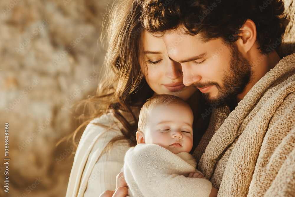 Obraz premium ender Holy Family Scene with Newborn Baby Wrapped in Cloth, Mother and Father Sharing a Loving Gaze