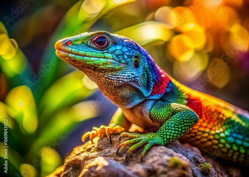 Close-up Portrait of a Vibrant Lizard on a Rock Displaying Textured Scales Under Dappled Sunlight in Its Natural Habitat, Perfect for Wildlife and Nature Photography