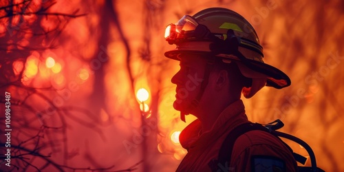 A firefighter stands in front of a burning forest. AI. photo