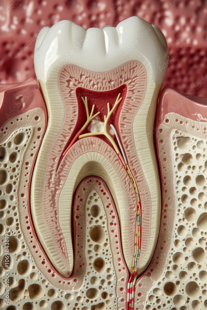 Fototapeta premium A cross-section of a tooth showing its anatomy. AI.