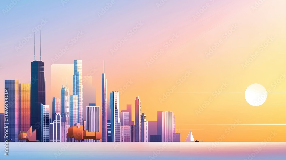 Clean, linear outline of the Chicago skyline featuring major landmarks in a minimalist design style Clean, linear outline of the Chicago skyline featuring major landmarks in a minimalist design style