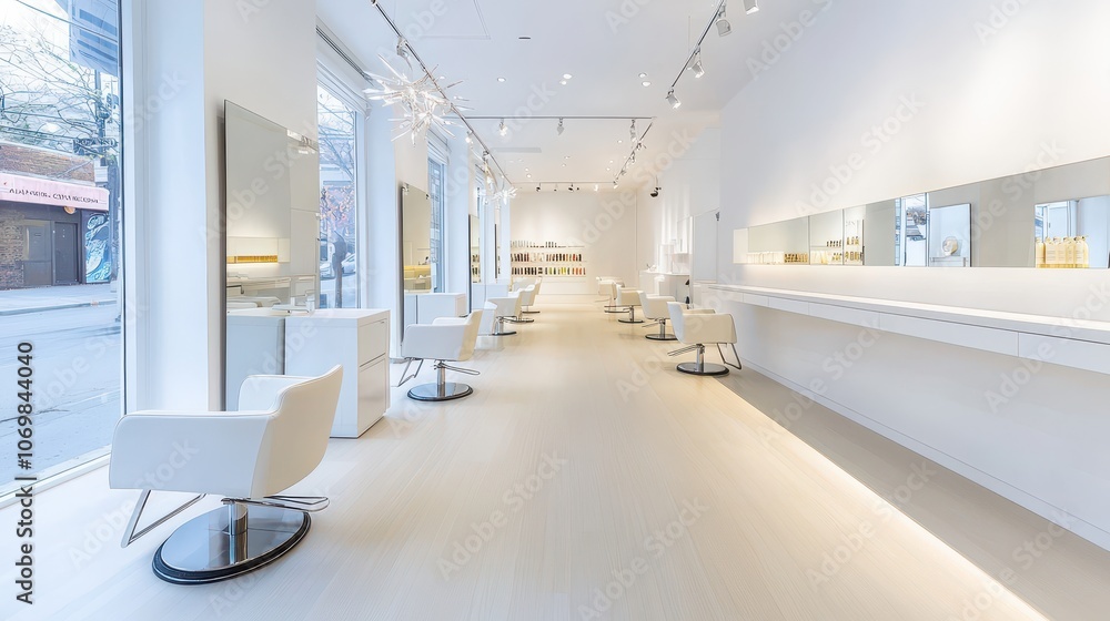 Clean, minimalist salon interior with a contemporary design, featuring minimal decor and soft, ambient lighting Clean, minimalist salon interior with a contemporary design, featuring minimal decor and soft, ambient lighting