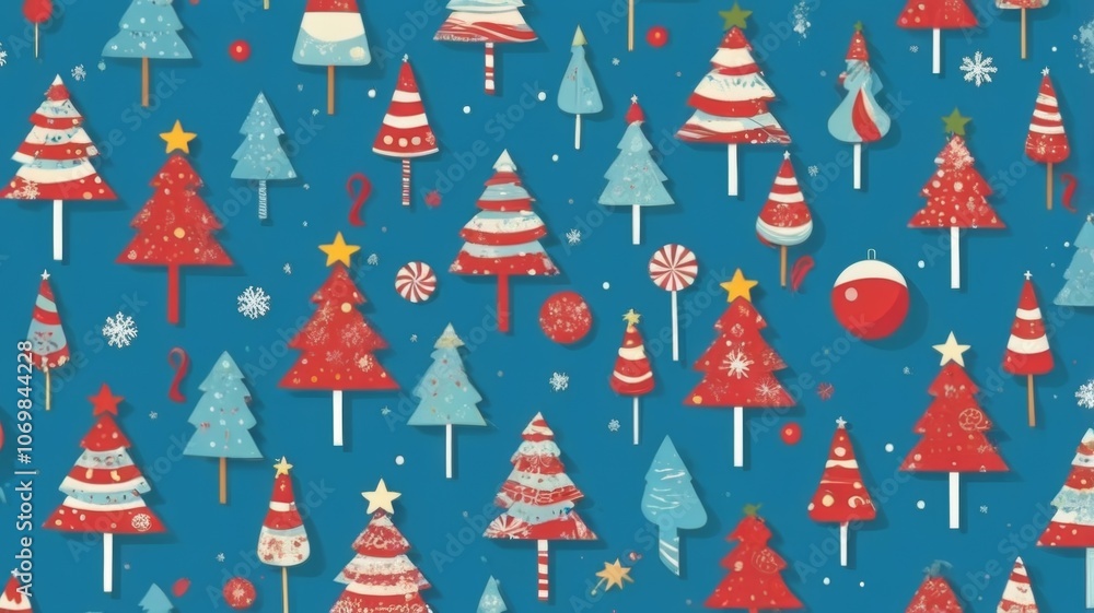 Festive pattern of colorful Christmas trees, snowflakes and festive candies on a cheerful blue background. Design for card, cover, poster, wallpaper, packaging. Festive pattern of colorful Christmas trees, snowflakes and festive candies on a cheerful blue background. Design for card, cover, poster, wallpaper, packaging.
