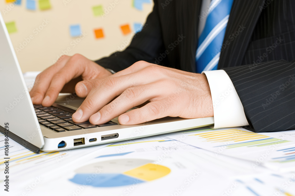 Business executive working on a laptop amidst paperwork and financial charts, in a professional office setting with blurred background Business executive working on a laptop amidst paperwork and financial charts, in a professional office setting with blurred background